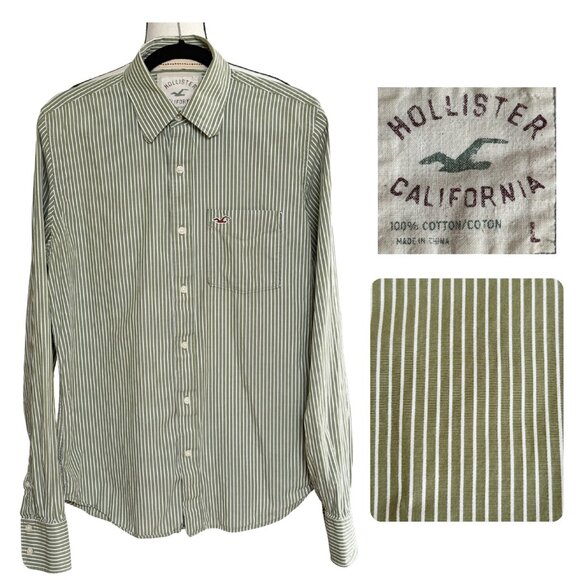 HOLLISTER California L Green Striped Collared Shirt Cotton Preppy Surf Style - Picture 1 of 11